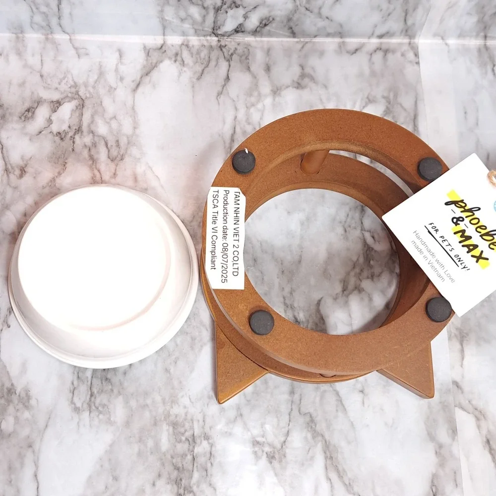 Phoebe & Max Pet Bowl Set Elevated  Ceramic Raised Cat Food Bowl‎ Wood
